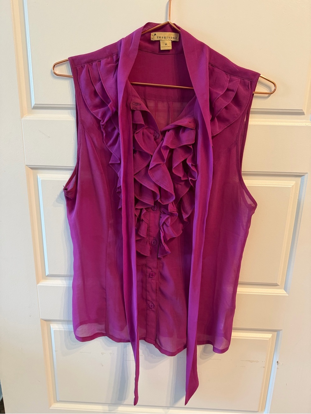 Sleeveless Ruffle Tie-Neck Button-Up Blouse
